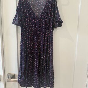 Y2K Navy Blue Cold Shoulder Floral Dress (Cottagecore)